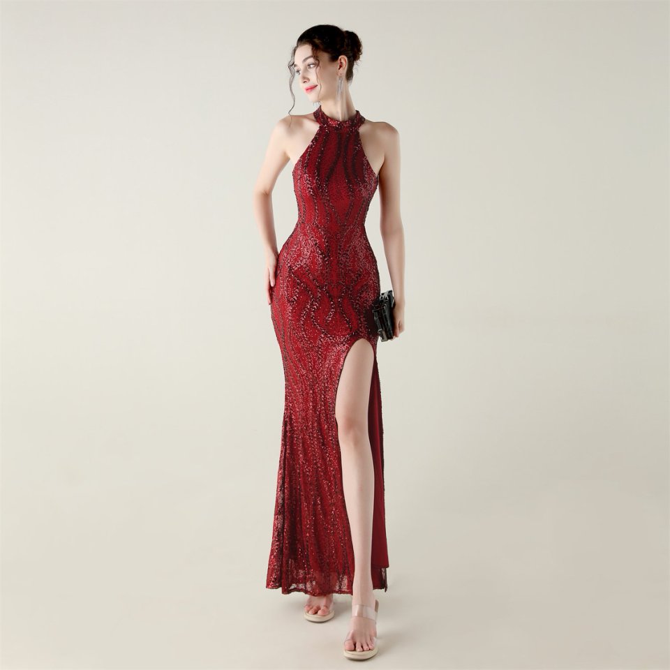 Halter Neck Sequins Backless Fitted Evening Gown (Red) (Made To Order)
