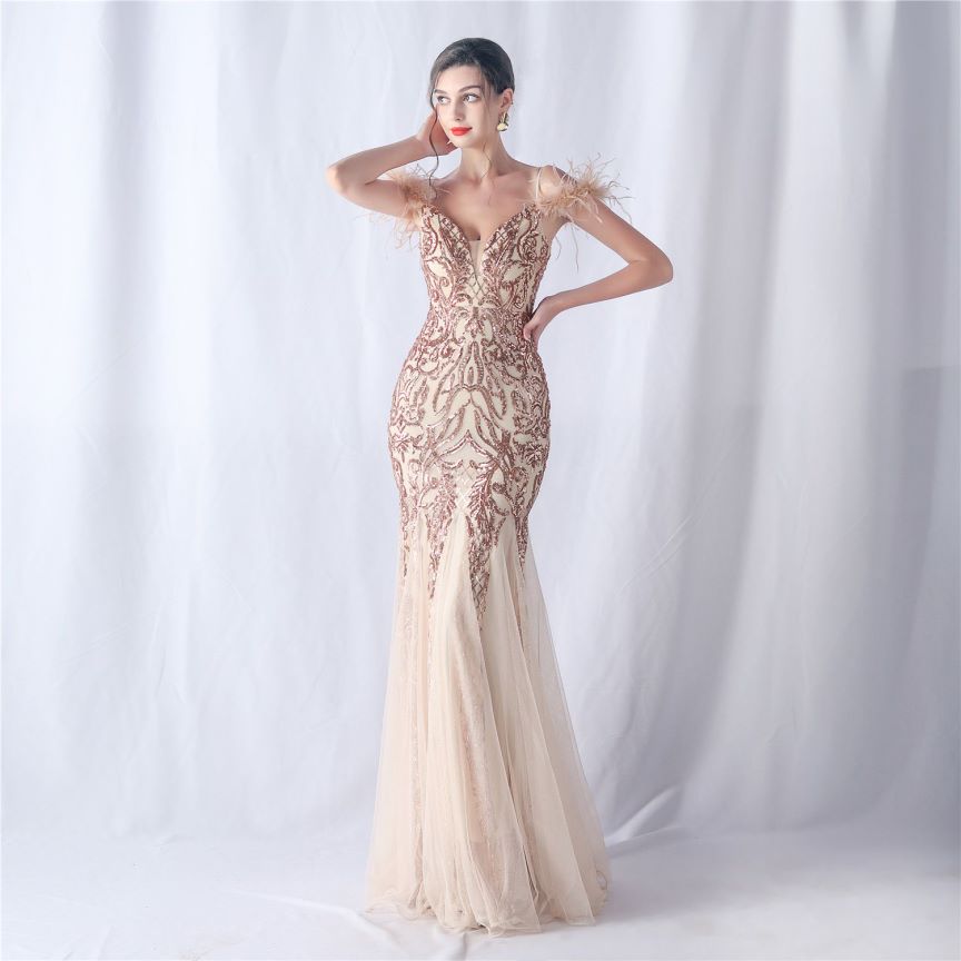 Cold Shoulder Feather Sequins Evening Gown (Rose Gold) (Made To Order)