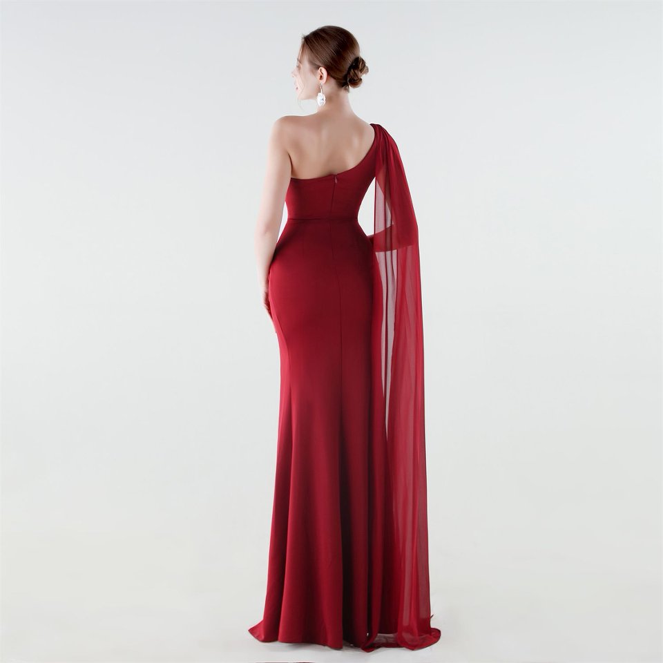 One Side Shoulder with Cape Scarf (Maroon) (Make To Order)