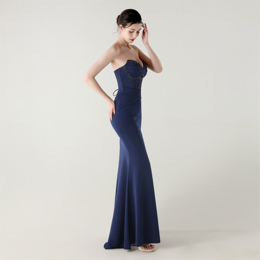 Strapless Rhine Stones Pleated Corset Evening Gown (Navy Blue) (Made To Order)