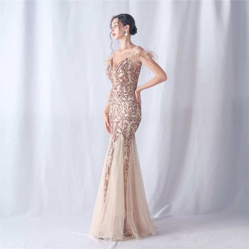 Cold Shoulder Feather Sequins Evening Gown (Rose Gold) (Made To Order)