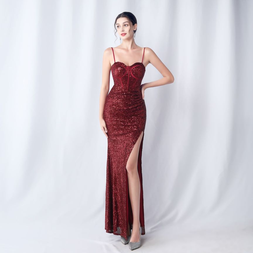 Glamorous Spaghetti Sequins Evening Gown Maroon) (Made To Order)