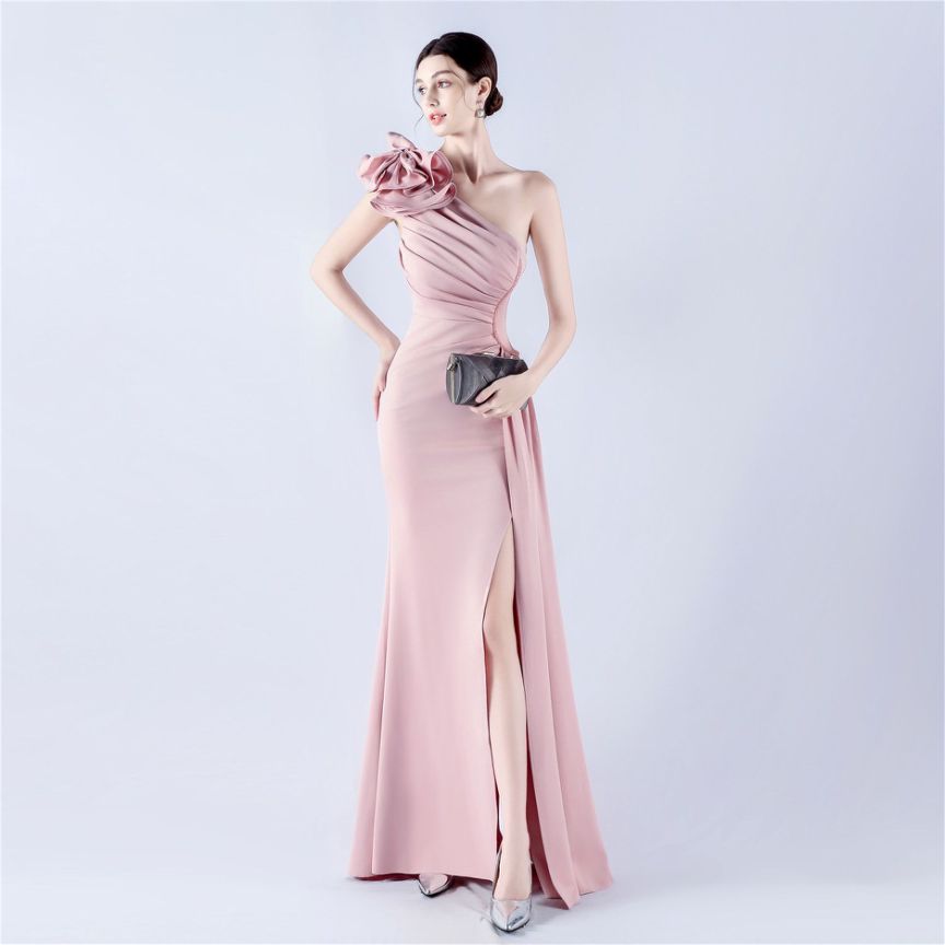 Gorgeous One Side Shoulder Evening Gown (Light Pink) (Made To Order)