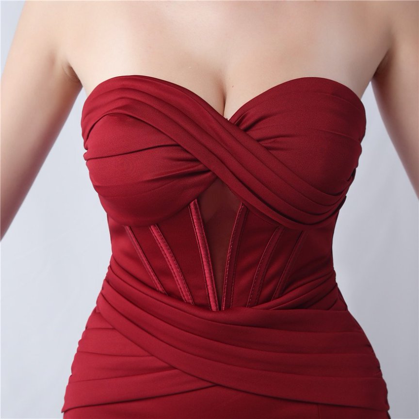 Strapless Solid Sexy Evening Gown (Maroon) (Made To Order)