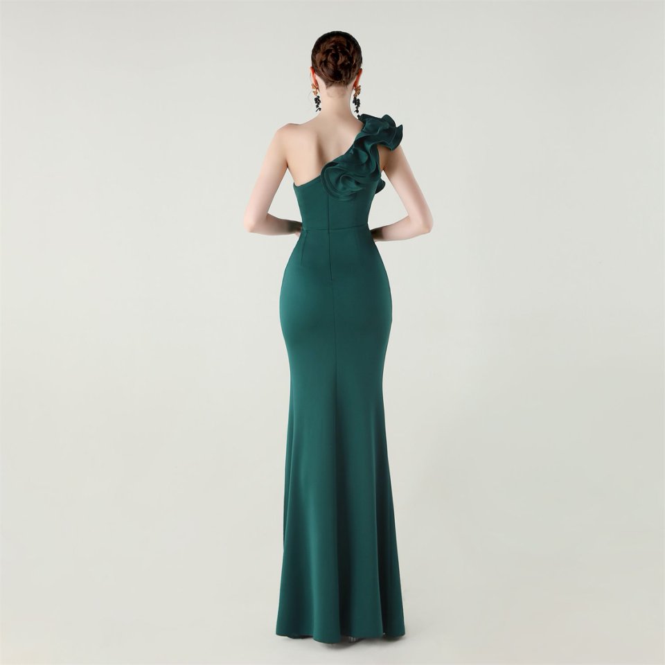 Gorgeous One Side Shoulder Fitting Evening Gown (Green) (Made To Order)
