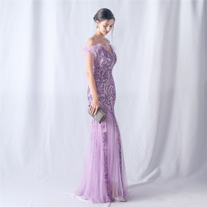Cold Shoulder Feather Sequins Evening Gown (Purple) (Made To Order)