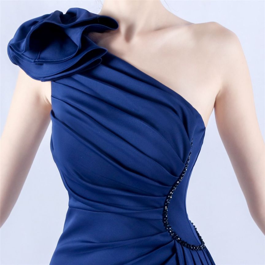 Gorgeous One Side Shoulder Evening Gown (Navy Blue) (Made To Order)
