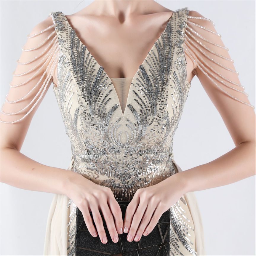 Elegant Crystal Beads Sequins Mermaid Cape Skirt Gown (Silver) (Made To Order)