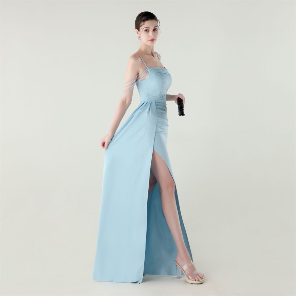 Crystal Beads Spaghetti Pleated Waist Evening Gown (Light Blue) (Retail)
