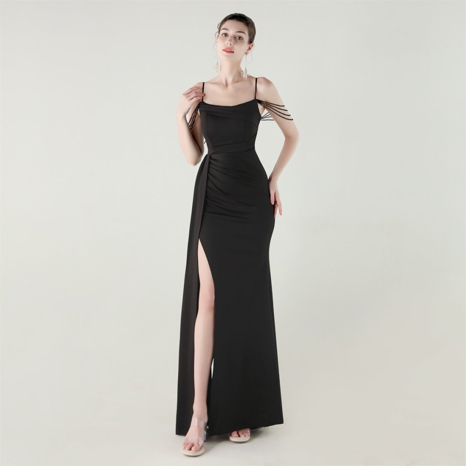 Crystal Beads Spaghetti Pleated Waist Evening Gown (Black) (Made To Order)