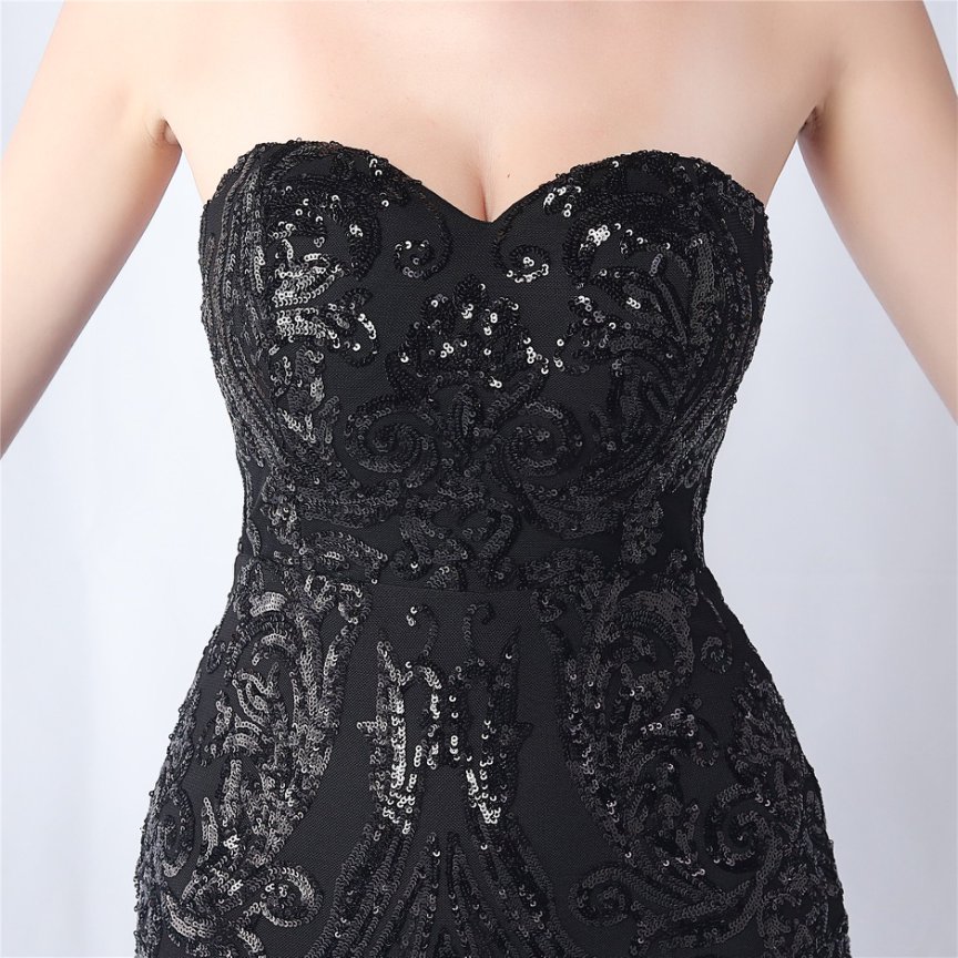 Strapless Sequins Frills Evening Gown (Black) (Made To Order)