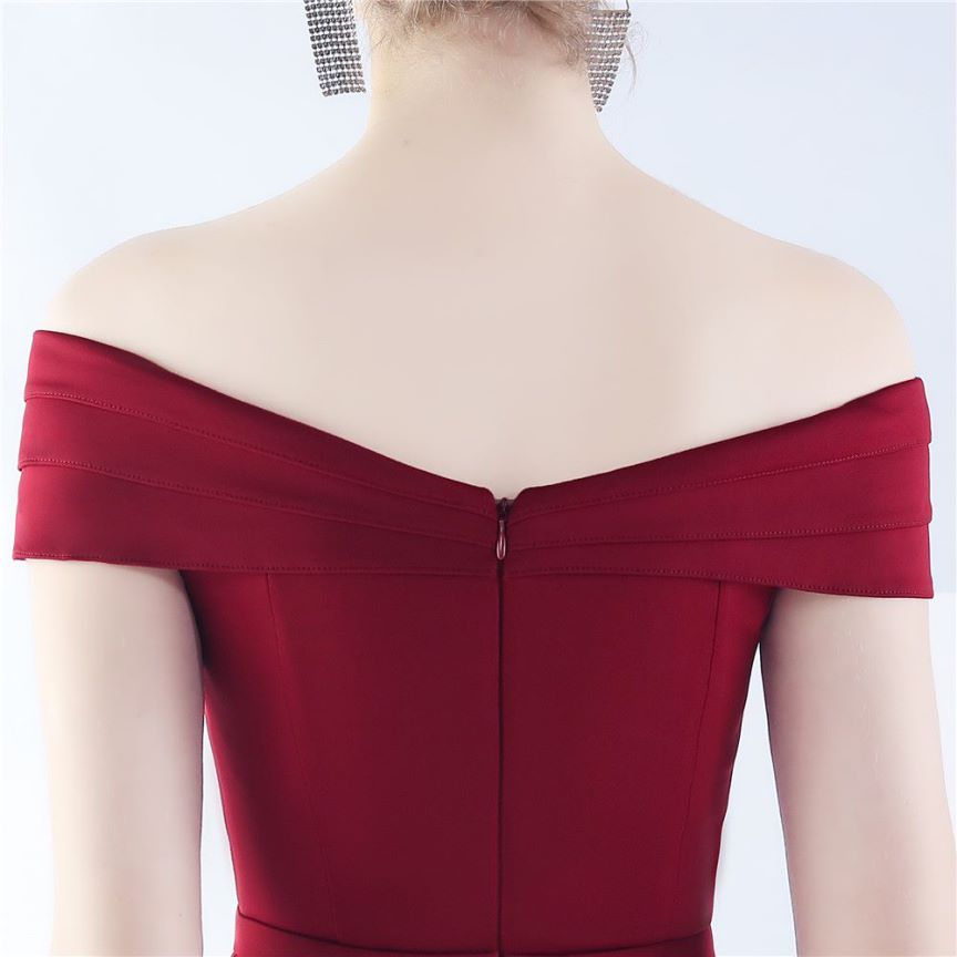 Off Shoulder Ruffles With Split Slit Evening Gown (Burgundy) (Made To Order)