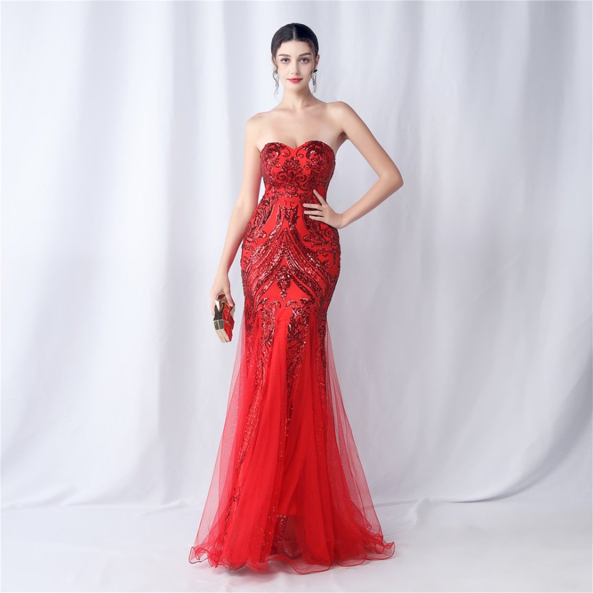 Strapless Sequins Frills Evening Gown (Red) (Made To Order)