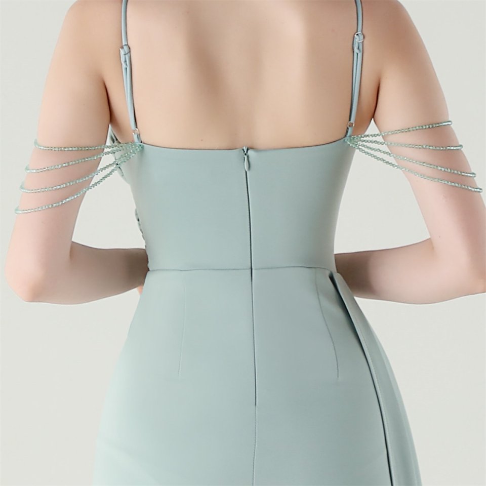 Crystal Beads Spaghetti Pleated Waist Evening Gown (Lake) (Make To Order)