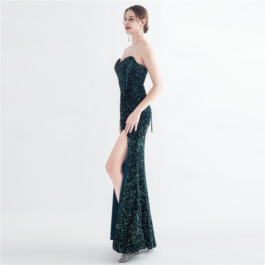 Strapless Corset Sequins with High Slit (Green) (Made To Order)