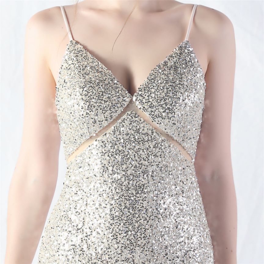 Elegant Stretch Spaghetti Sequins A-Line Evening Gown (Silver) (Made To Order)