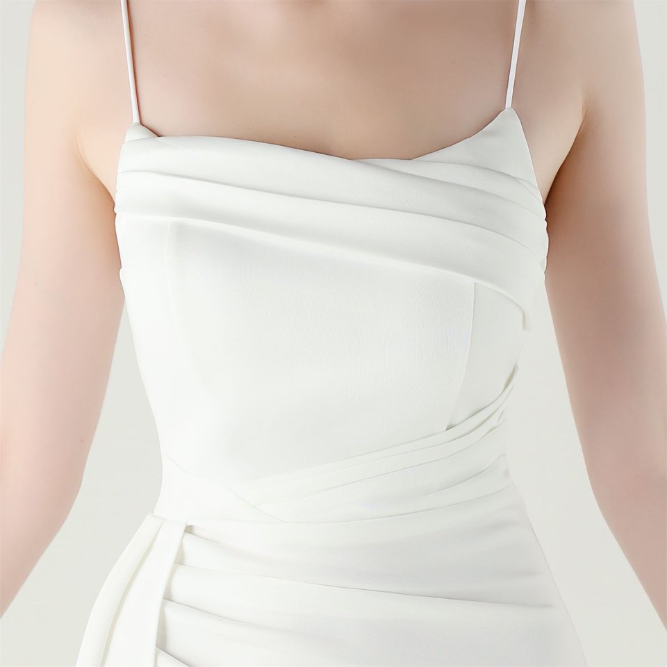 Spaghetti Pleated Waist Evening Gown (White) (Made To Order)