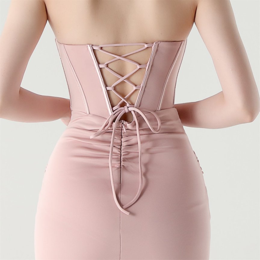 Strapless Rhine Stones Pleated Corset Evening Gown (Pink) (Made To Order)
