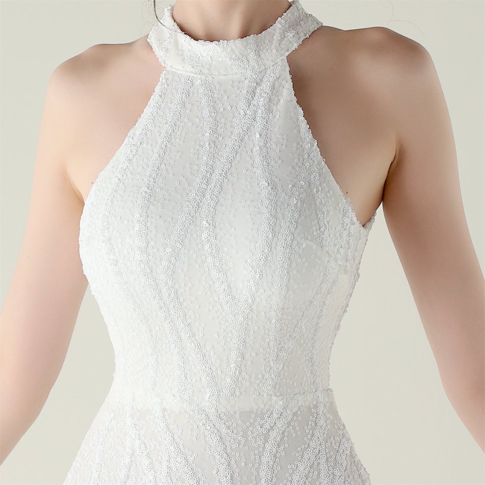 Halter Neck Sequins Backless Fitted Evening Gown (White) (Made To Order)