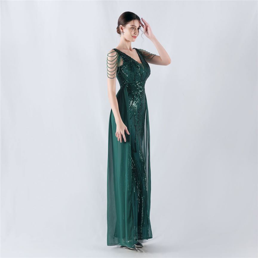 Elegant Crystal Beads Sequins Mermaid Cape Skirt Gown (Green) (Made To Order)