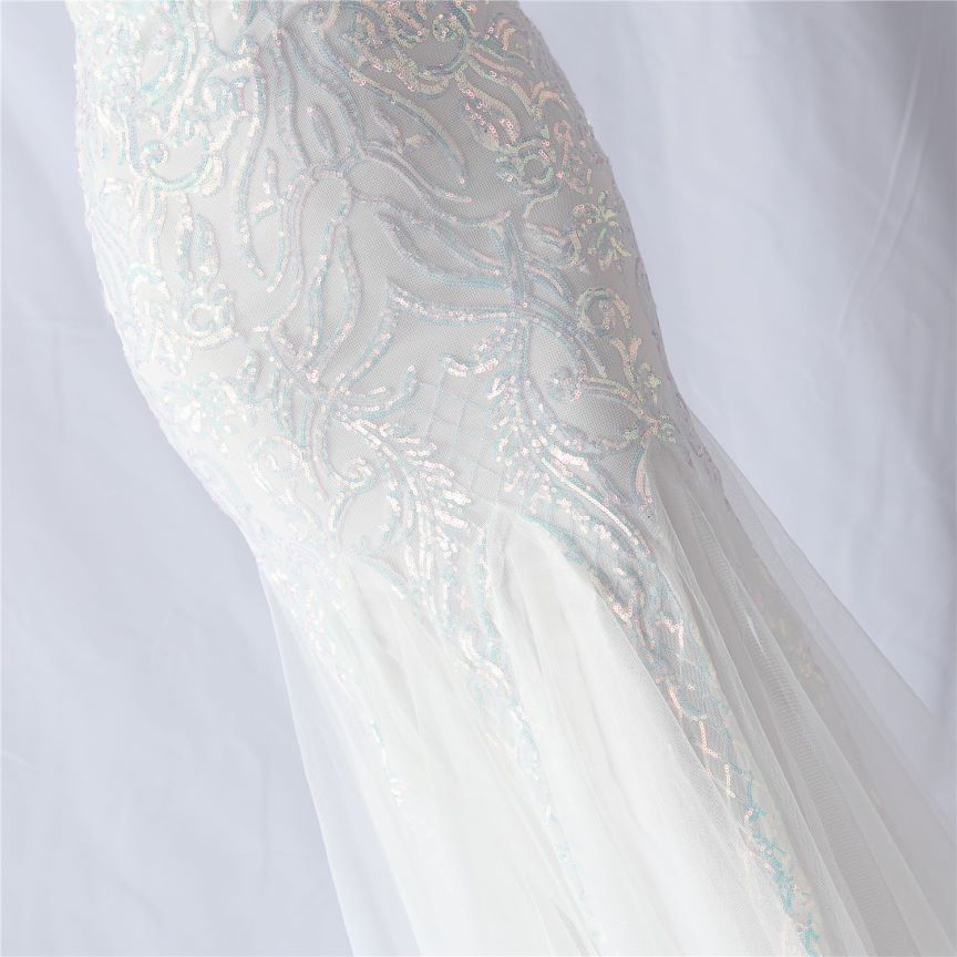 Cold Shoulder Feather Sequins Evening Gown (White) (Made To Order)