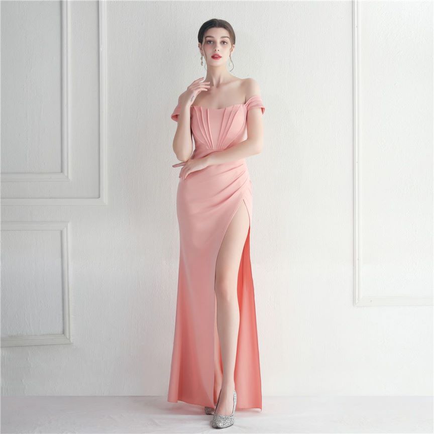 Off Shoulder Fitted with Overlap Slit Evening Gown (Pink) (Made To Order)
