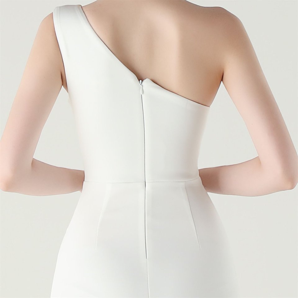 One Side Shoulder Pleated Evening Gown (White) (Made To Order)