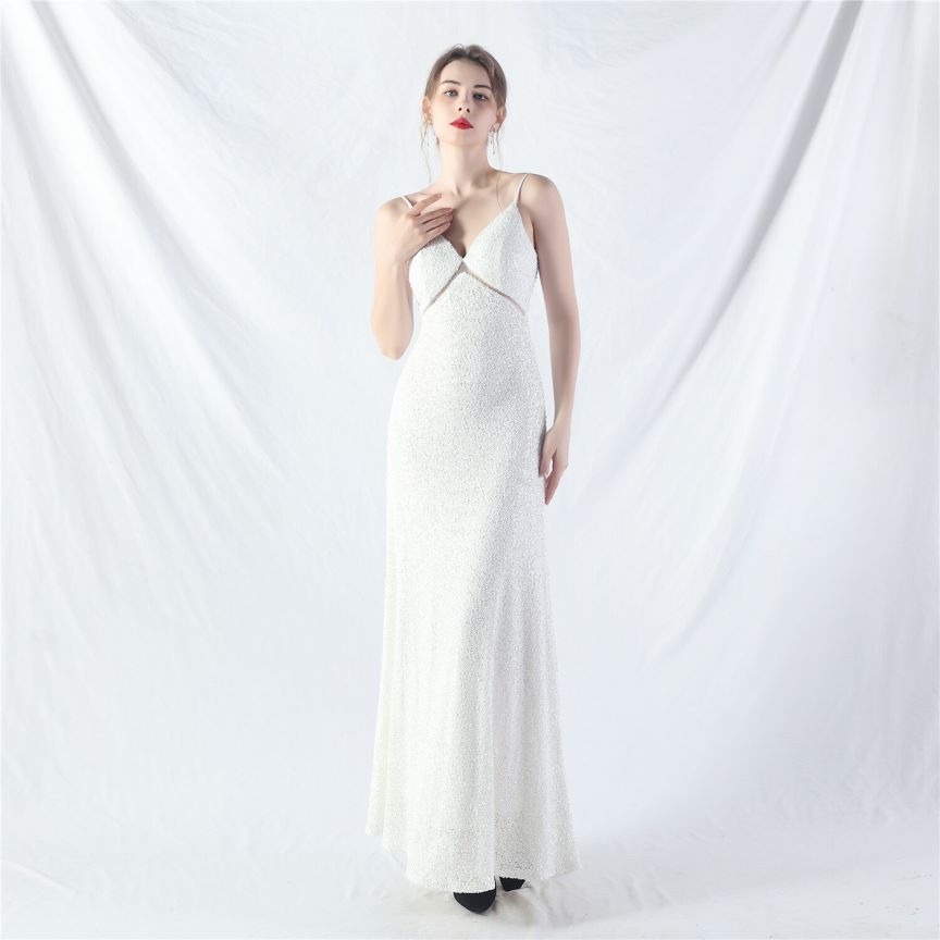 Elegant Stretch Spaghetti Sequins A-Line Evening Gown (White) (Made To Order)
