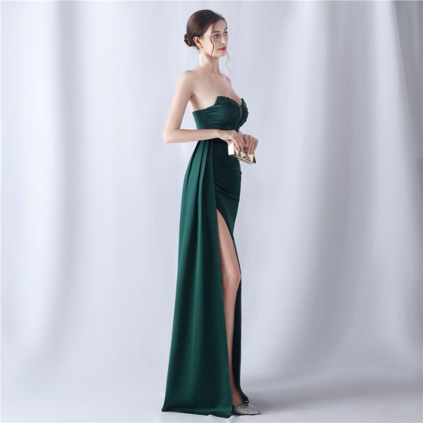 [Copy]Strapless Sexy Corset With Side Split Evening Gown (Green) (Made To Order)