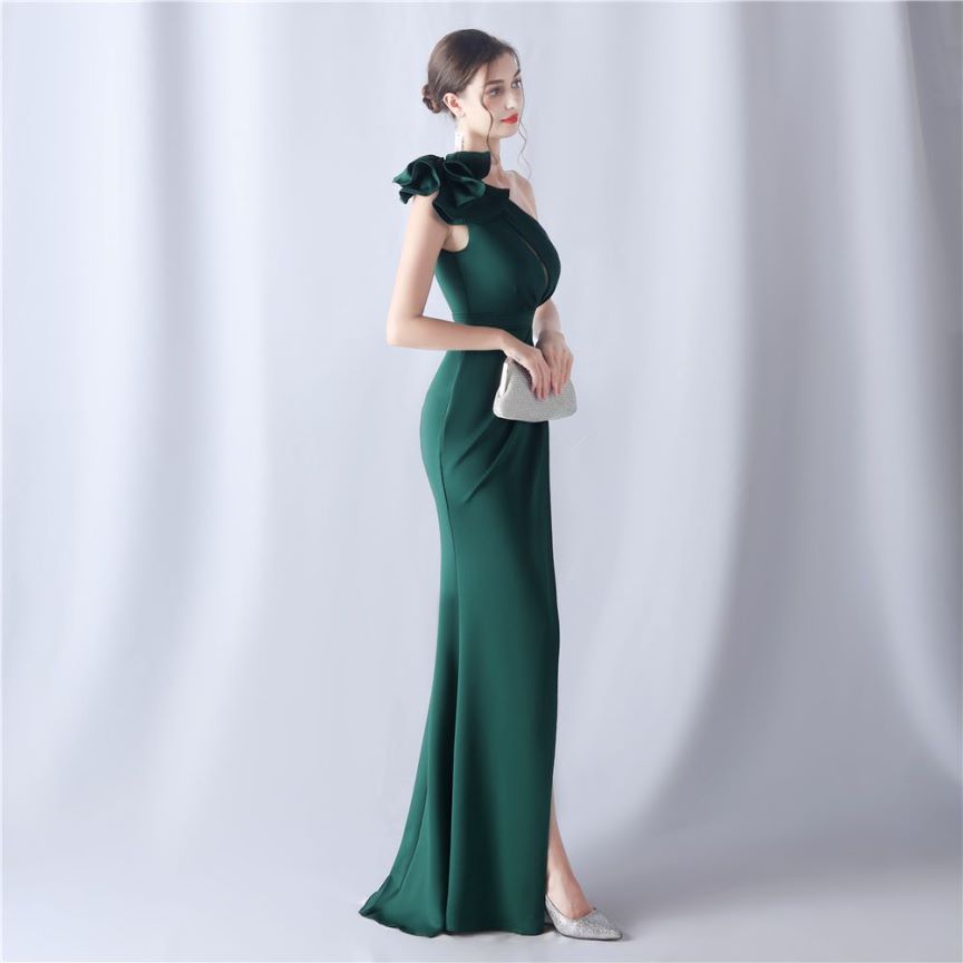 Glamorous One Side Shoulder with Overlap Slit Evening Dress (Green) (Made To Order)
