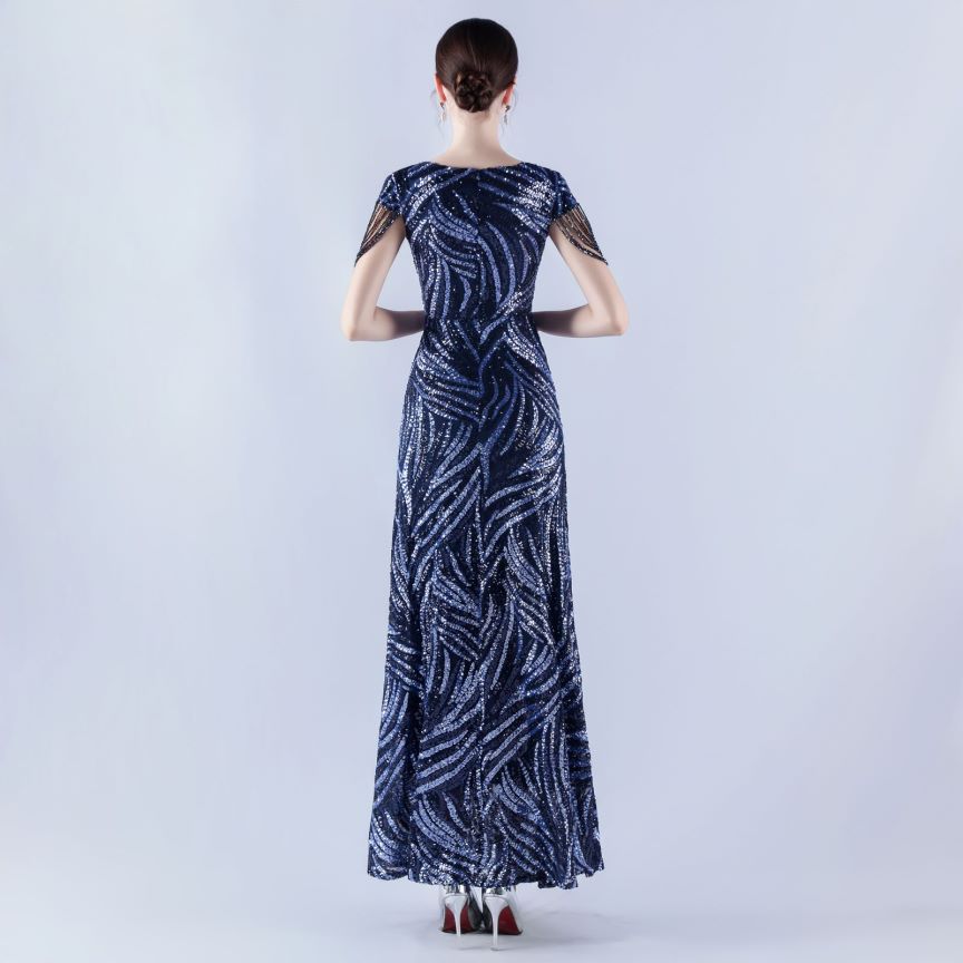 Sleeve Beads Sequins with A Line Evening Gown (Navy Blue) (Made To Order)