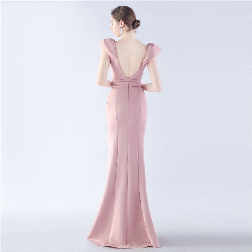 Ruffles Shoulder With Low Back Fitted Evening Gown (Dusty Pink) (Retail)
