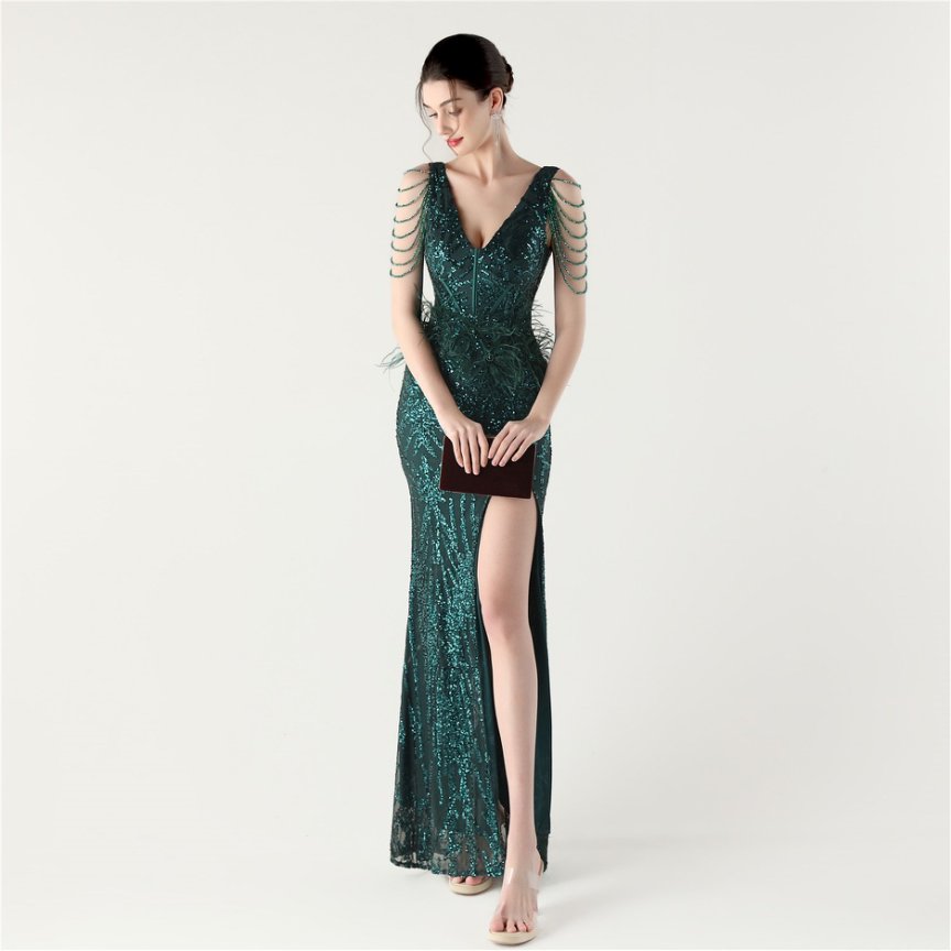 Glamour Sequin Feather Waist & Beaded Shoulder Chains Evening Gown (Green) (Made To Order)
