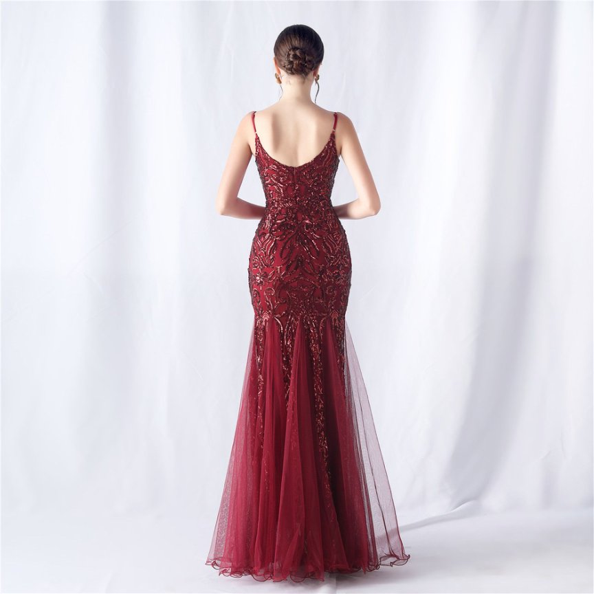Spaghetti Sequins White Gown with Tulle Skirt Evening Gown (Maroon) (Made To Order)