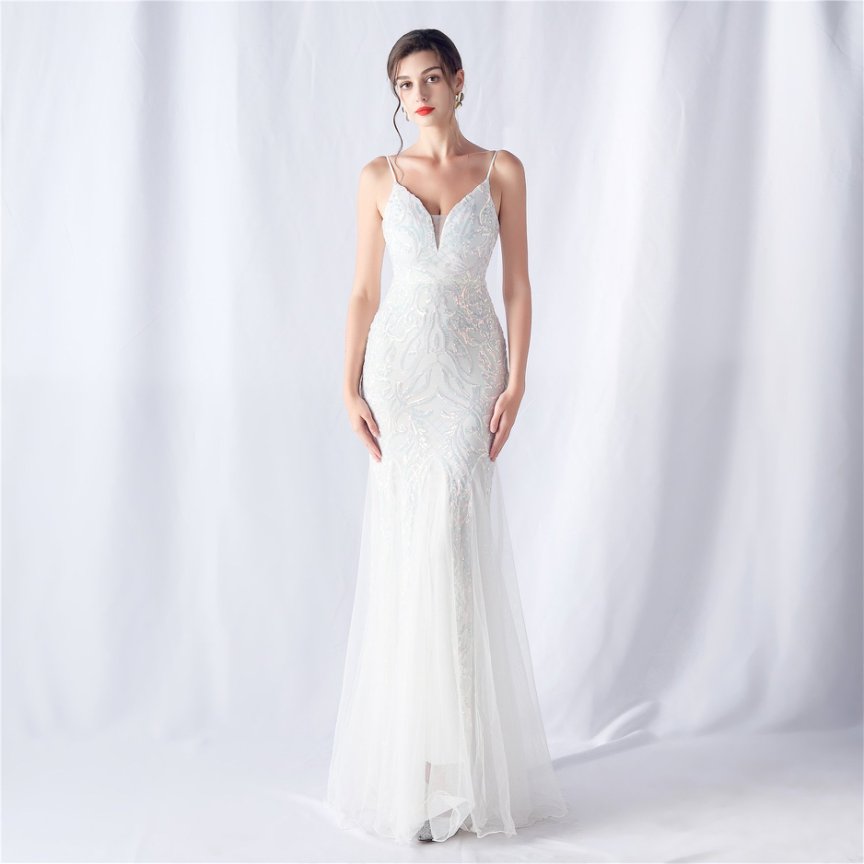Spaghetti Sequins White Gown with Tulle Skirt Evening Gown (Made To Order)