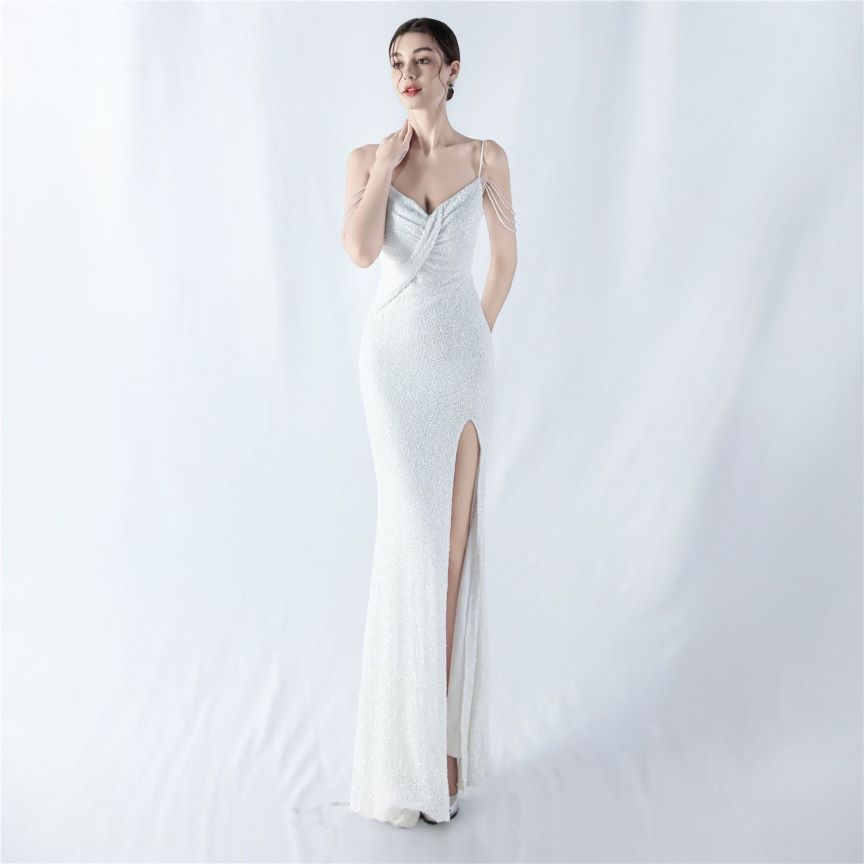 Spaghetti Padded Sequins Slit Gown (White) (Made To Order)