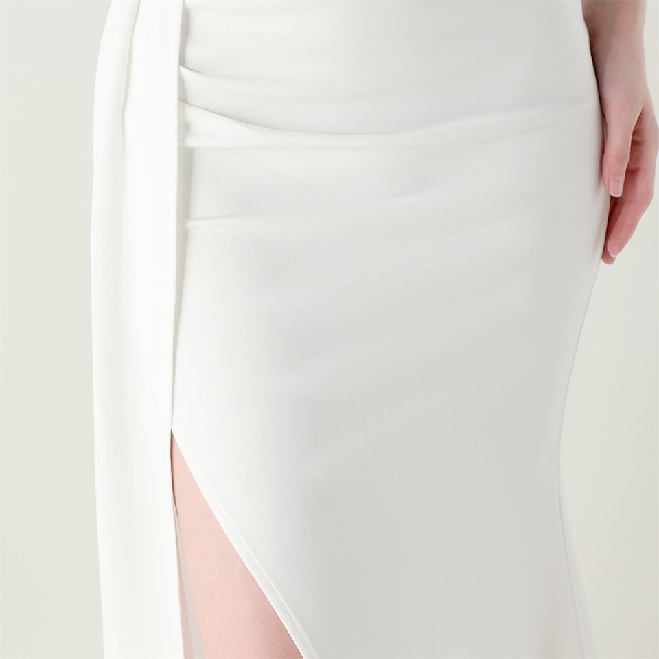 Crystal Beads Spaghetti Pleated Waist Evening Gown (White) (Make To Order)