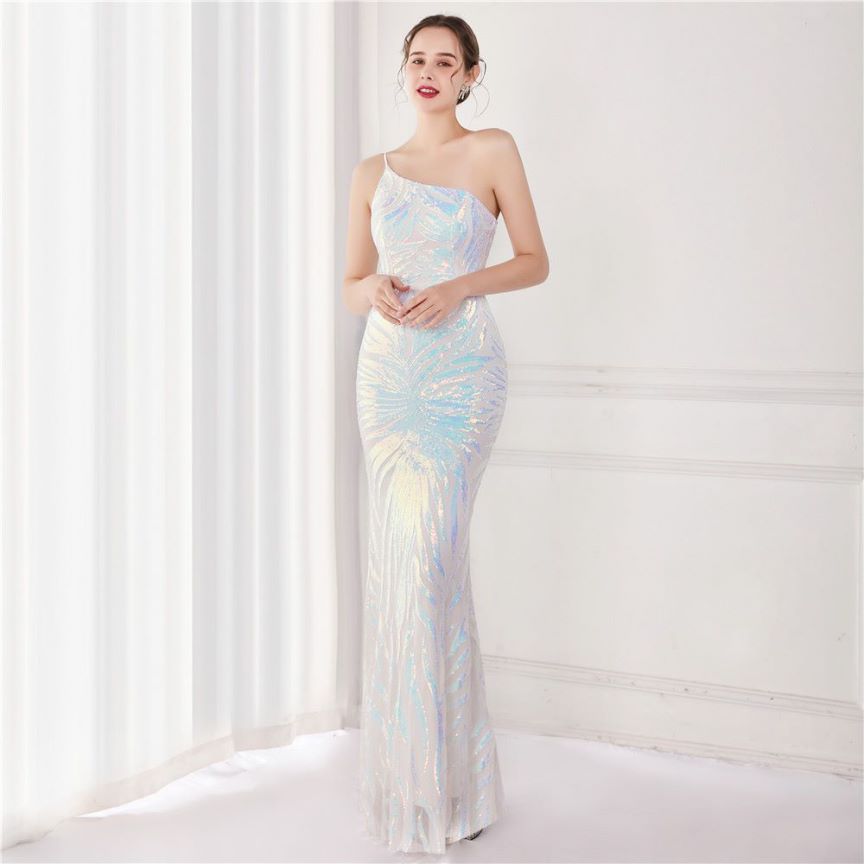 One Side Sling Shoulder Sequins Mermaid Gown (White) (Made To Order)