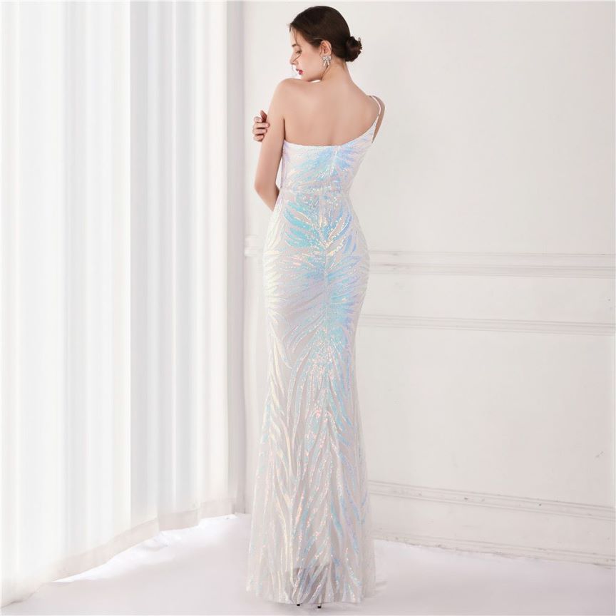 One Side Sling Shoulder Sequins Mermaid Gown (White) (Made To Order)