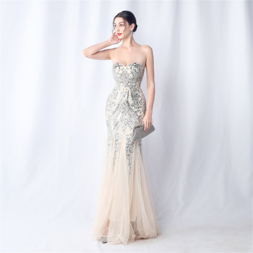 Strapless Sequins Frills Evening Gown (Silver) (Made To Order)