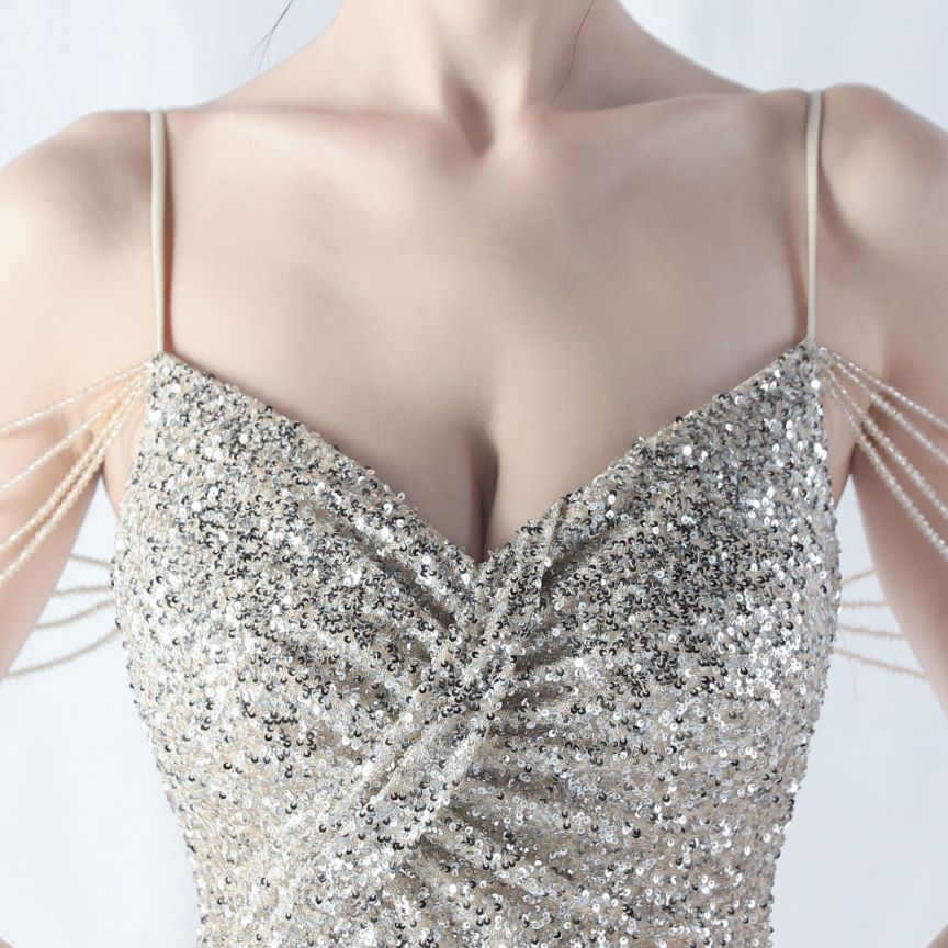 Spaghetti Padded Sequins Slit Gown (Silver) (Made To Order)