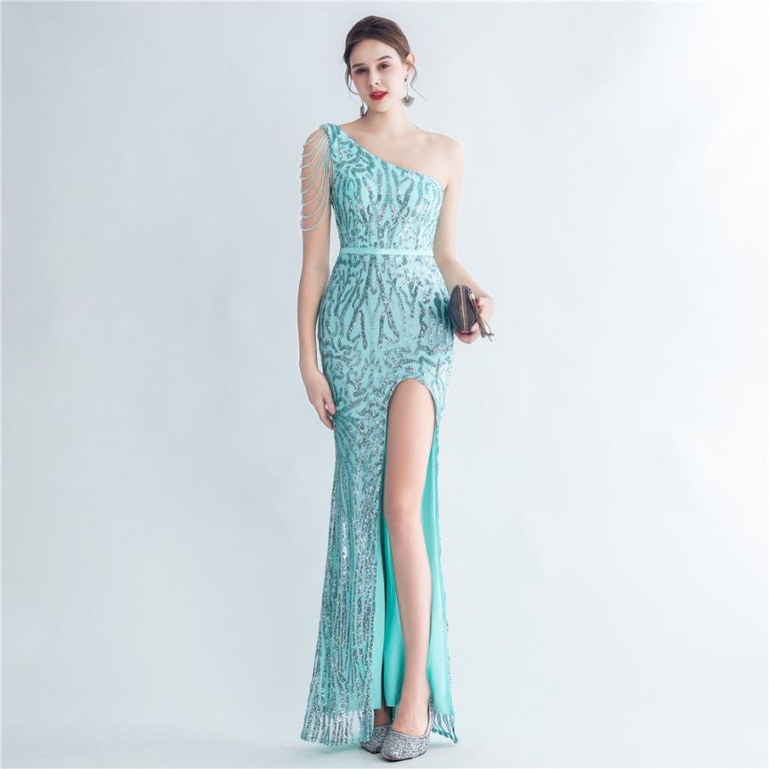 One Side Off Shoulder Sequins with Crystal Beads Gown (Turqoise) (Retail)