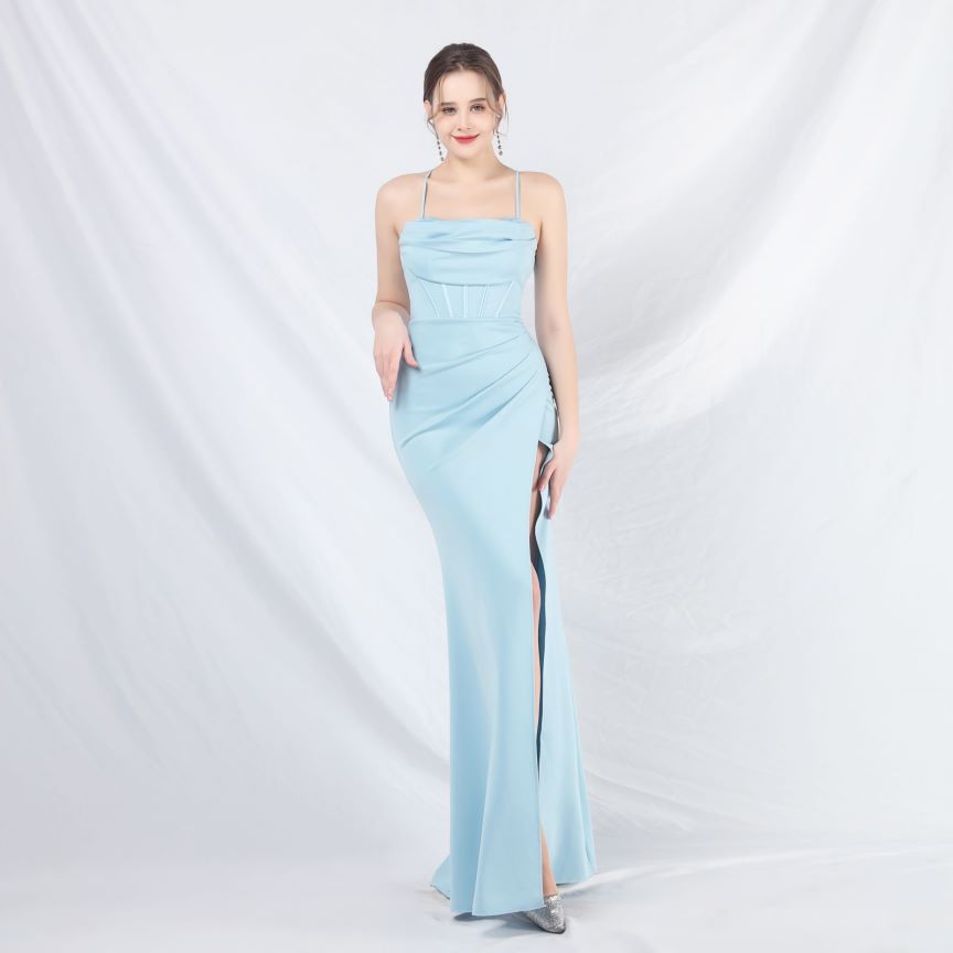 Spaghetti Back Cross Overlap Slit Evening Gown (Made To Order) (Baby Blue)