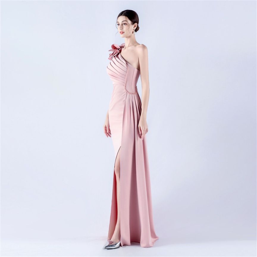 Gorgeous One Side Shoulder Evening Gown (Light Pink) (Made To Order)