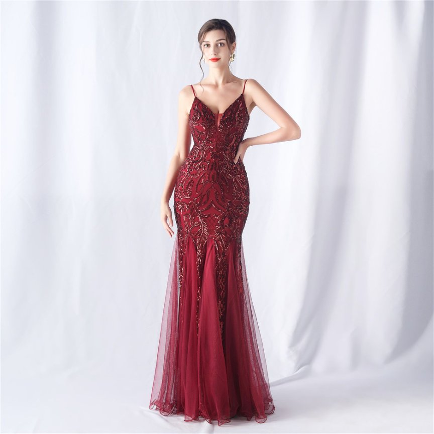 Spaghetti Sequins White Gown with Tulle Skirt Evening Gown (Maroon) (Made To Order)
