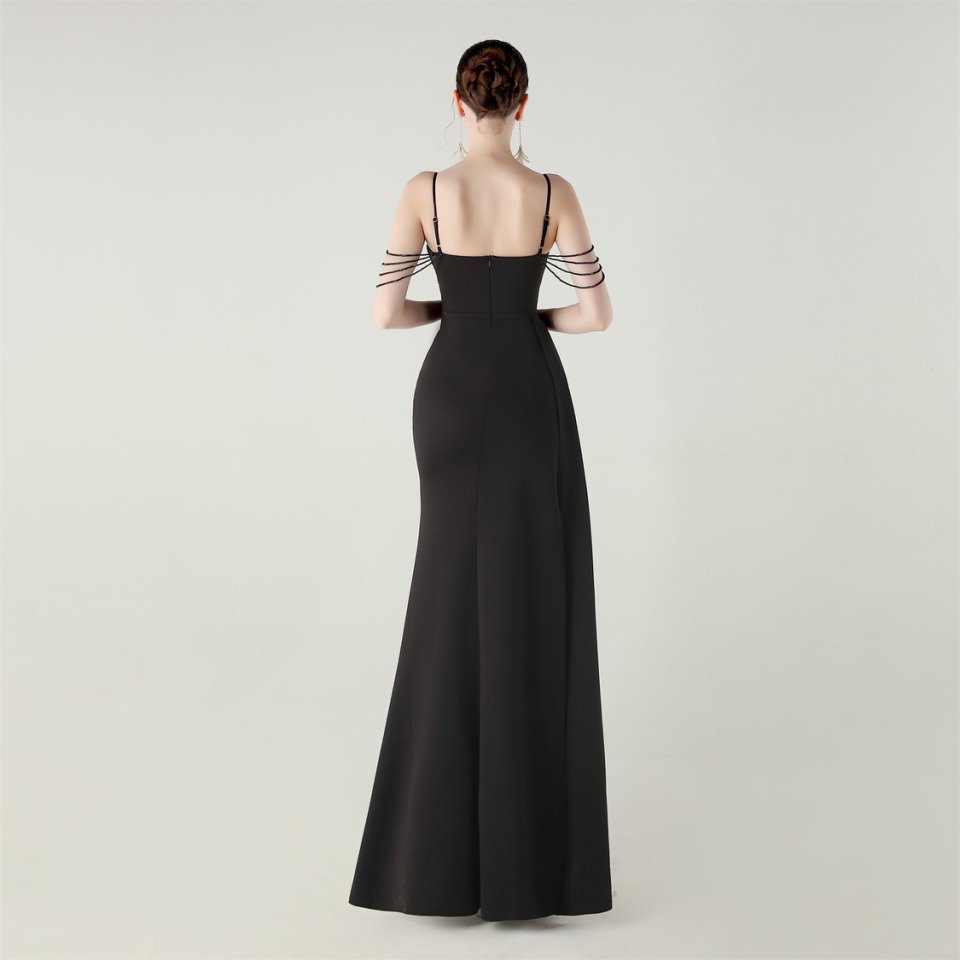 Crystal Beads Spaghetti Pleated Waist Evening Gown (Black) (Made To Order)