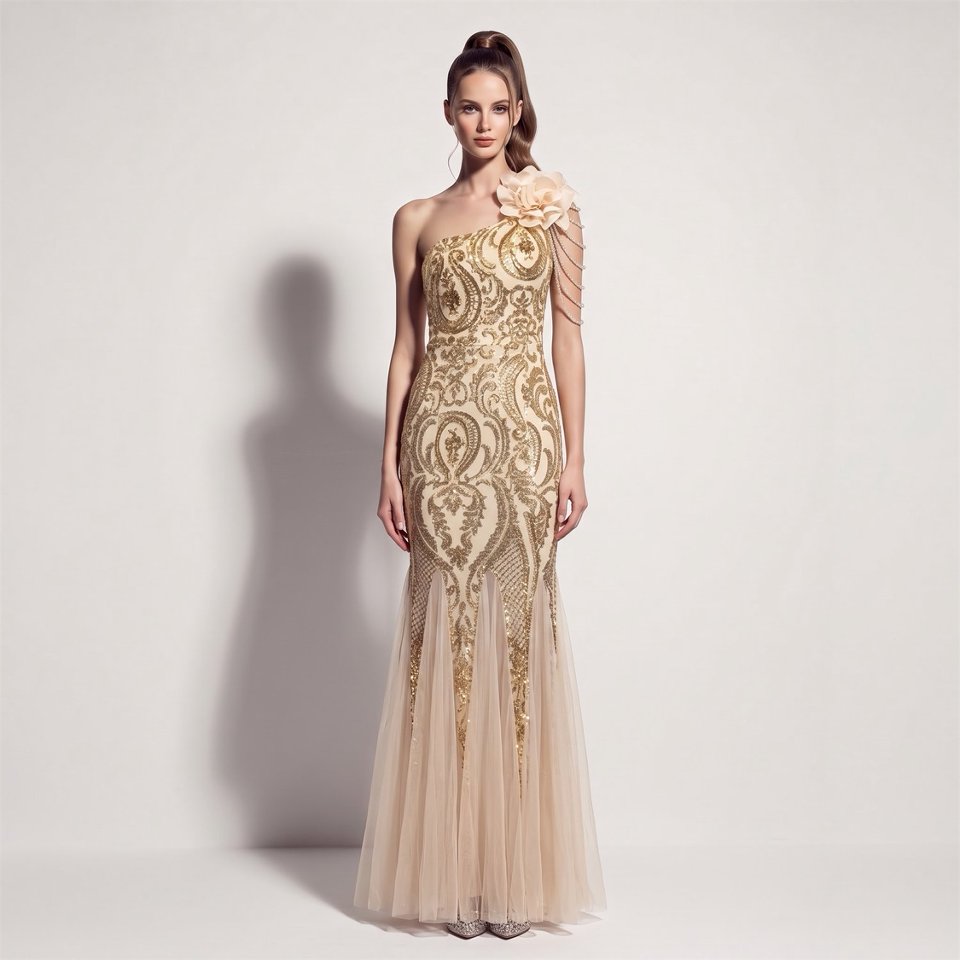 One Side Shoulder Flowering with Crystal Beads Evening Gown (Gold) (Made To Order)