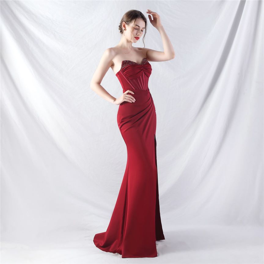 Strapless Crystal Beads Corset Overlap Slit Evening Gown (Burgundy) (Made To Order)