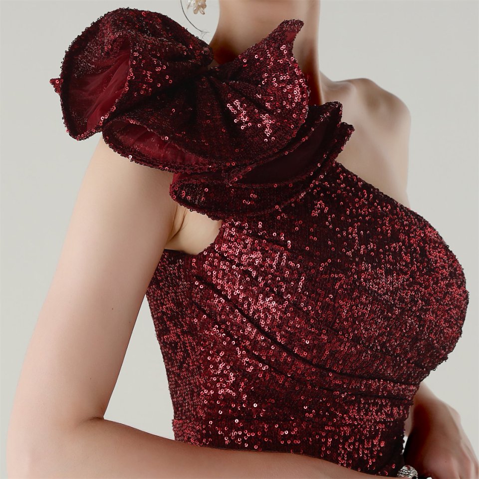 Gorgeous One Side Shoulder Pleated Sequins Evening Gown (Red) (Made To Order)