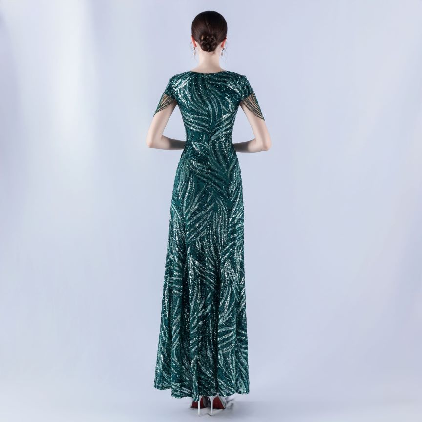 Sleeve Beads Sequins with A Line Evening Gown (Green) (Made To Order)